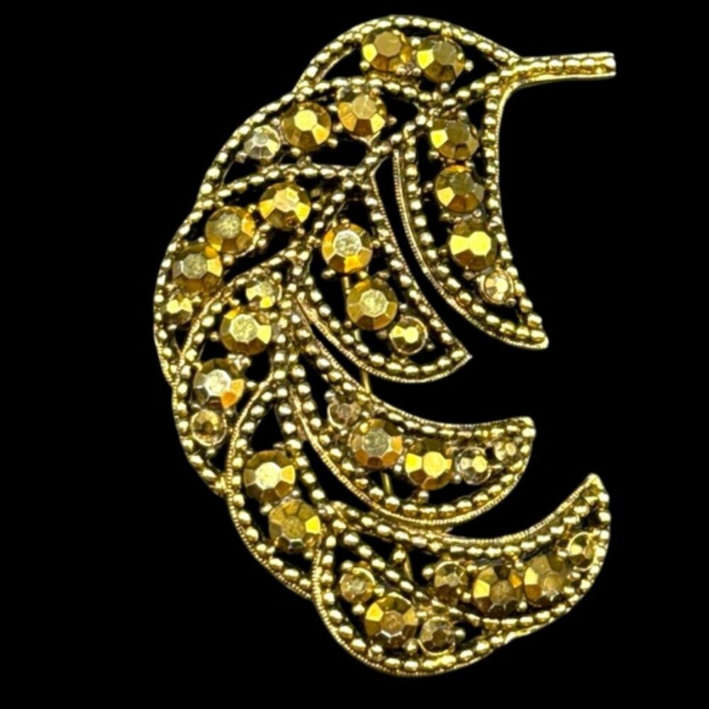 WEISS signed Leaf Brooch with Amber Rhinestones